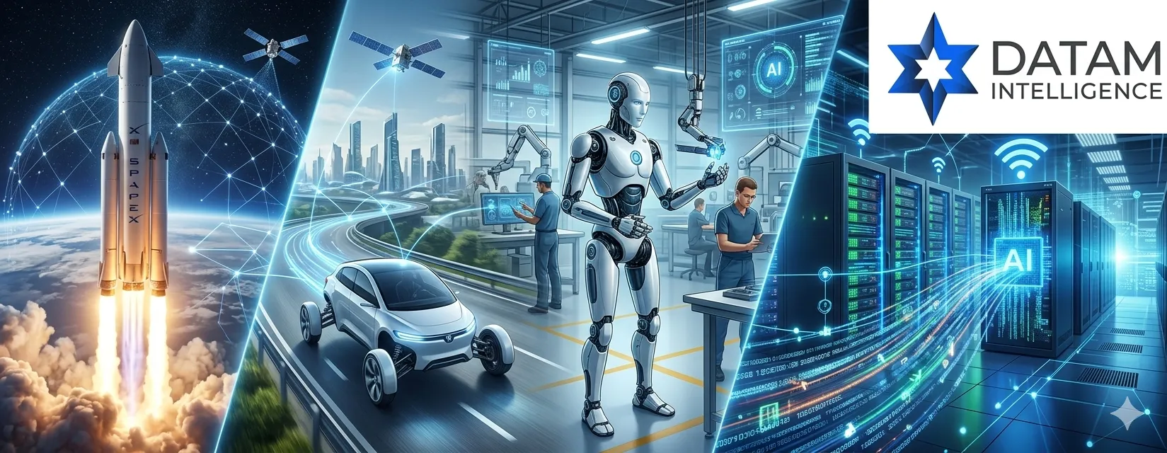 A dynamic composition illustrating future technology trends, featuring a SpaceX rocket launch with Starlink satellites, an autonomous vehicle, a humanoid robot, and a server room. The DataM Intelligence logo is displayed in the top right corner.
