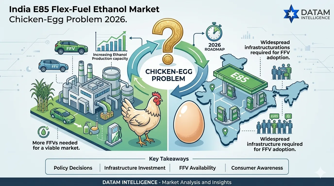 Infographic by Datam Intelligence depicting India's E85 flex-fuel ethanol market chicken-and-egg problem in 2026, illustrating the dilemma between increasing ethanol production capacity and widespread infrastructure required for FFV adoption.