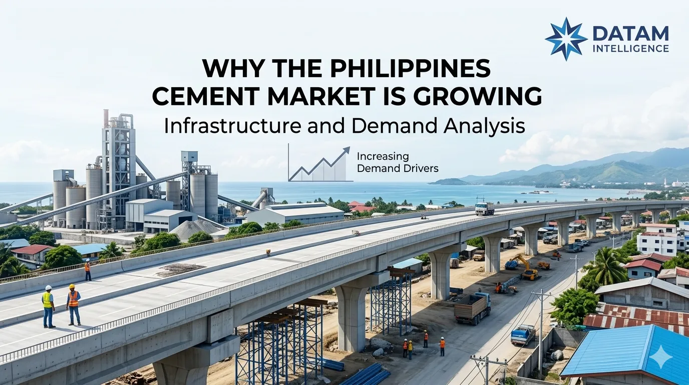 Philippines cement market growth analysis banner featuring an infrastructure construction highway, cement plant