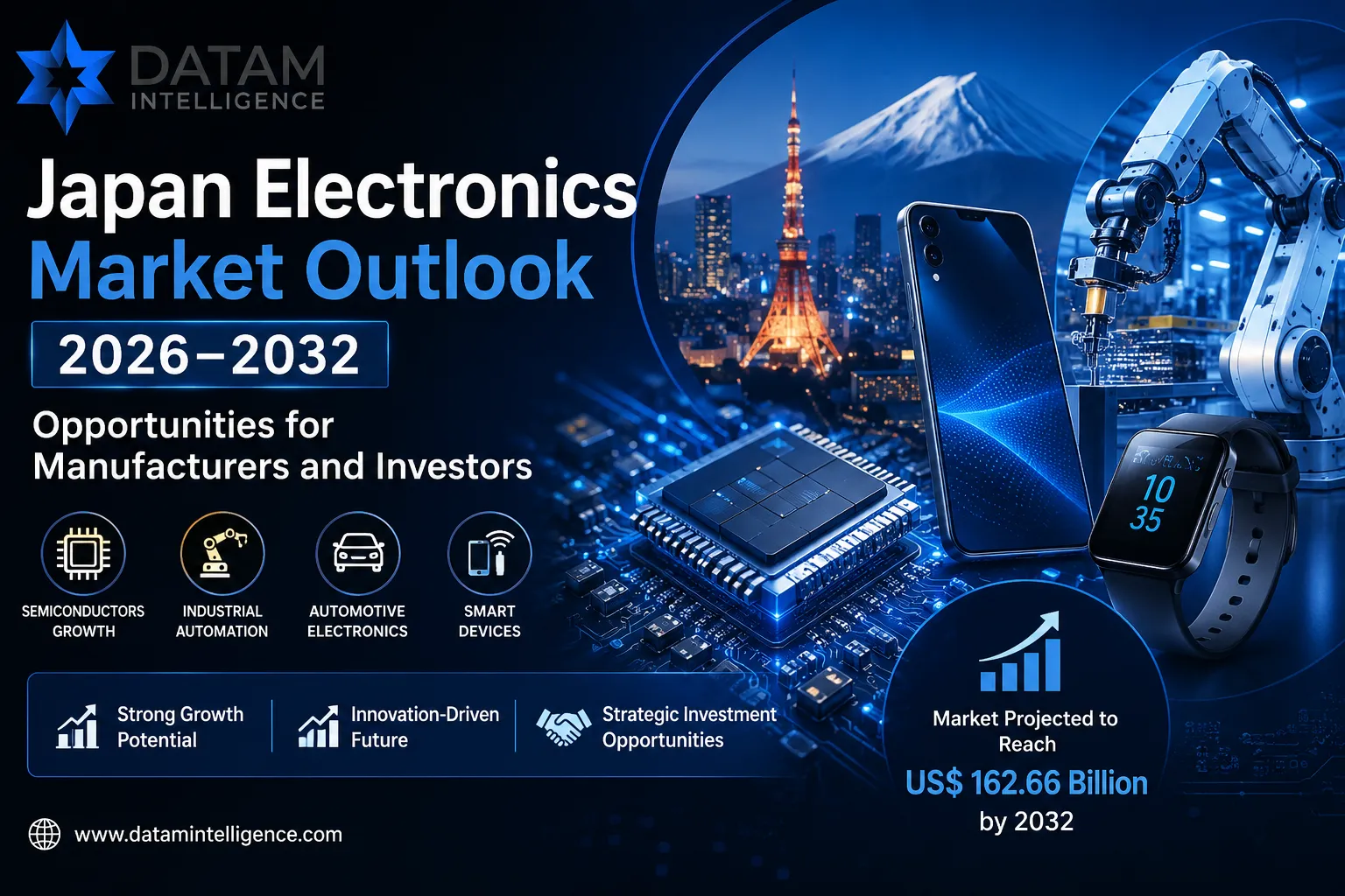 Japan Electronics Market Outlook 2026–2032 report banner showing semiconductor chip, AI robotics, smart devices, and automotive electronics with Japan skyline representing industry growth and investment opportunities.