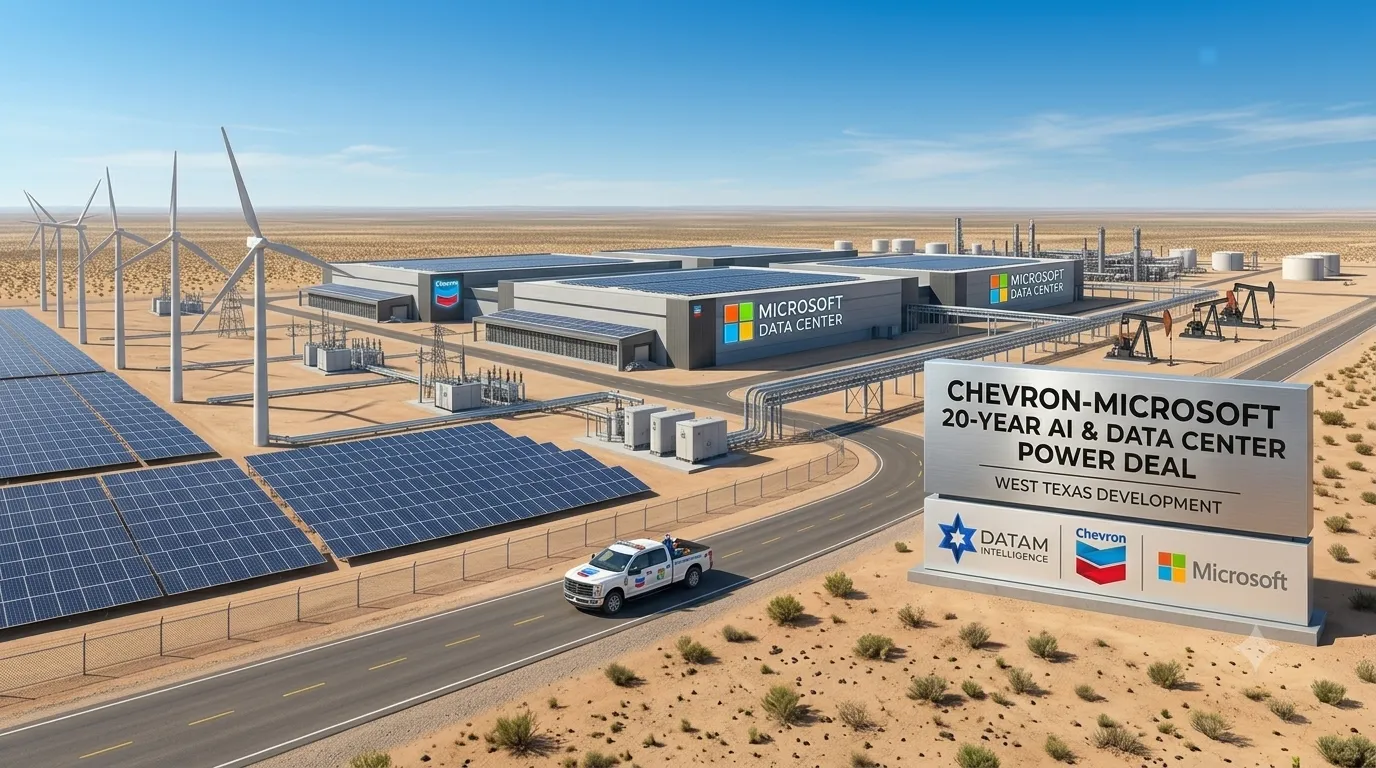 Render of a West Texas AI data center campus powered by solar and wind, with a billboard featuring Datam Intelligence, Chevron, and Microsoft logos.