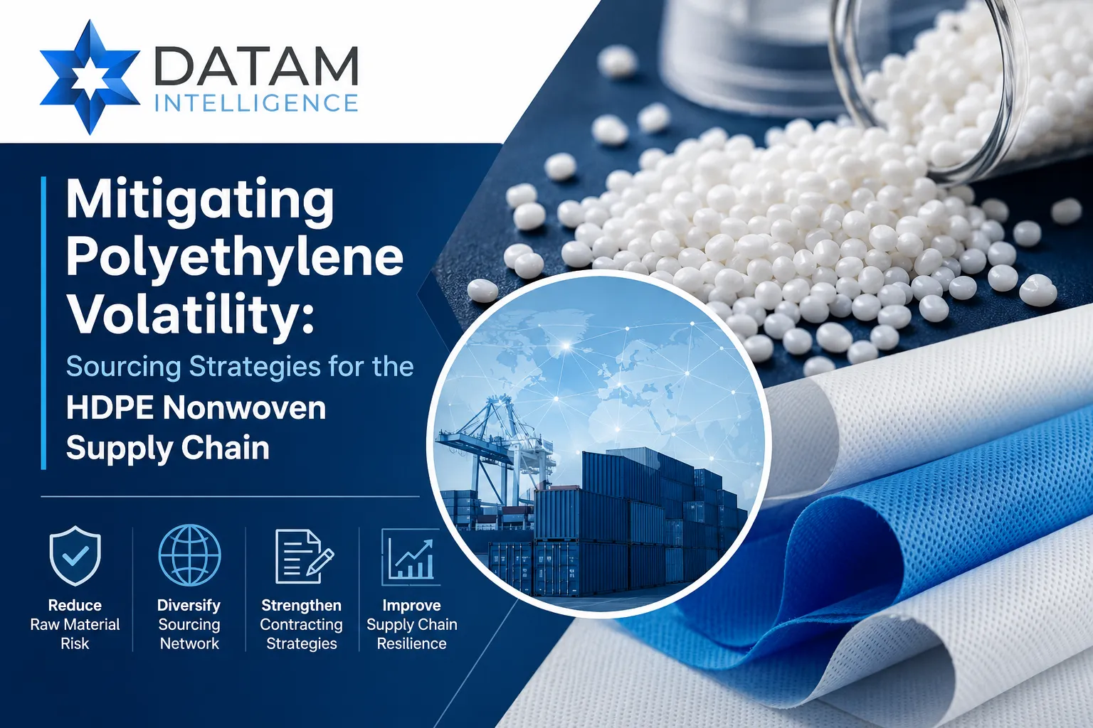 HDPE nonwoven supply chain strategy showing polyethylene pellets, logistics containers, and industrial nonwoven fabric with title ‘Mitigating Polyethylene Volatility