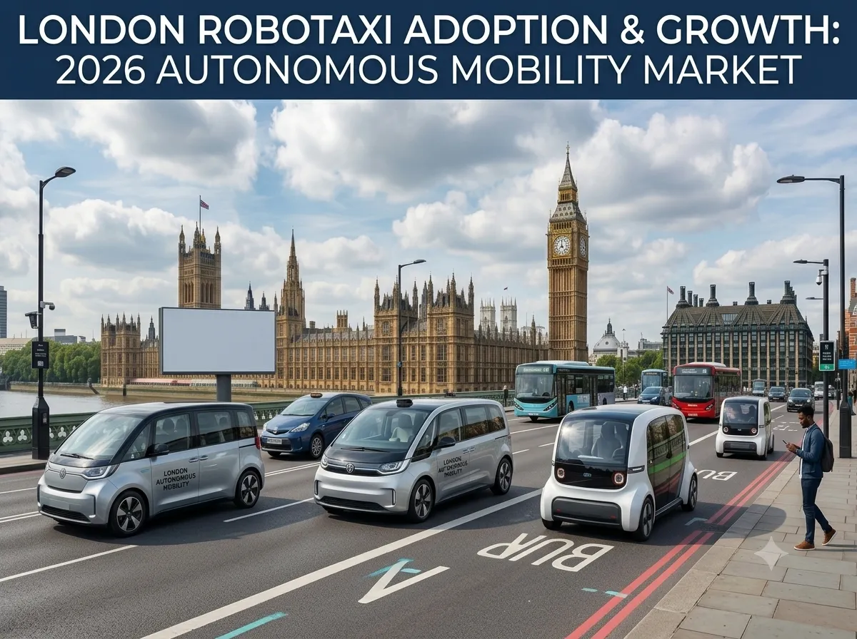 Autonomous robotaxis driving on London bridge with Big Ben in the background for 2026 mobility market report