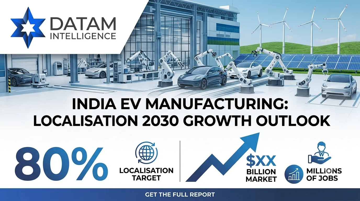 Datam Intelligence infographic on India EV manufacturing and localisation 2030 growth outlook featuring an automated electric vehicle assembly line