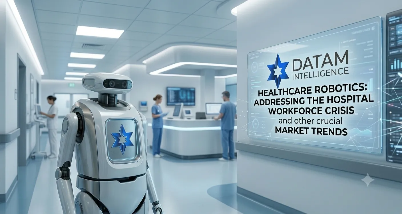 Datam Intelligence infographic showing a robotic assistant in a modern hospital setting highlighting healthcare robotics market trends.