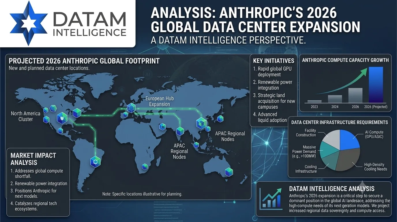 Infographic analysis by DataM Intelligence on Anthropic’s 2026 global AI data center expansion, illustrating projected infrastructure requirements, capacity growth, and regional cluster footprints across North America, Europe, and APAC.