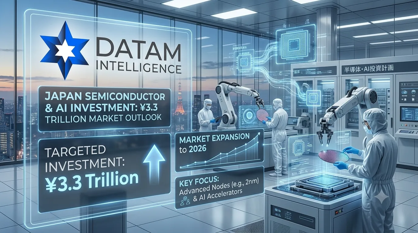 DataM Intelligence infographic on Japan semiconductor and AI investment 2026 market outlook showing a high-tech automated silicon wafer manufacturing facility with cleanroom robotics.