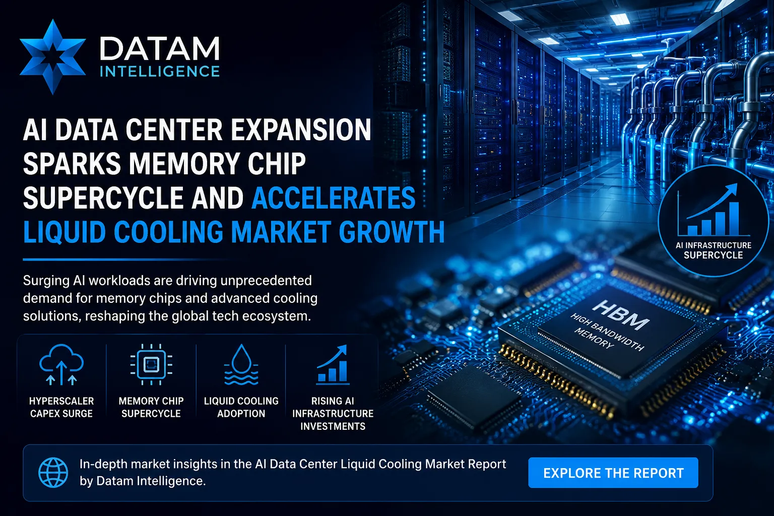 AI data center expansion driving memory chip supercycle and accelerating liquid cooling market growth with futuristic semiconductor infrastructure visualization and Datam Intelligence branding