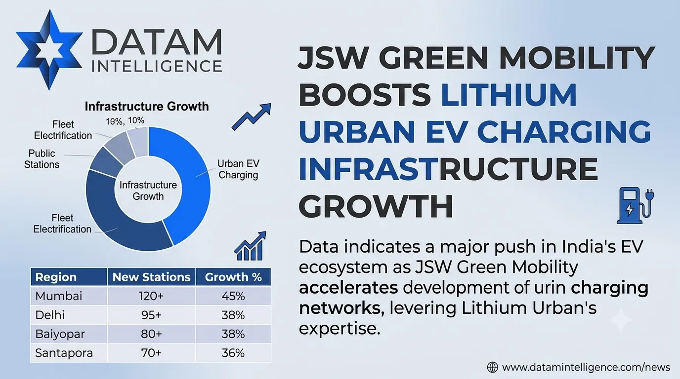 Infographic by Datam Intelligence detailing JSW Green Mobility investment in Lithium Urban to boost India's EV charging infrastructure and fleet growth.
