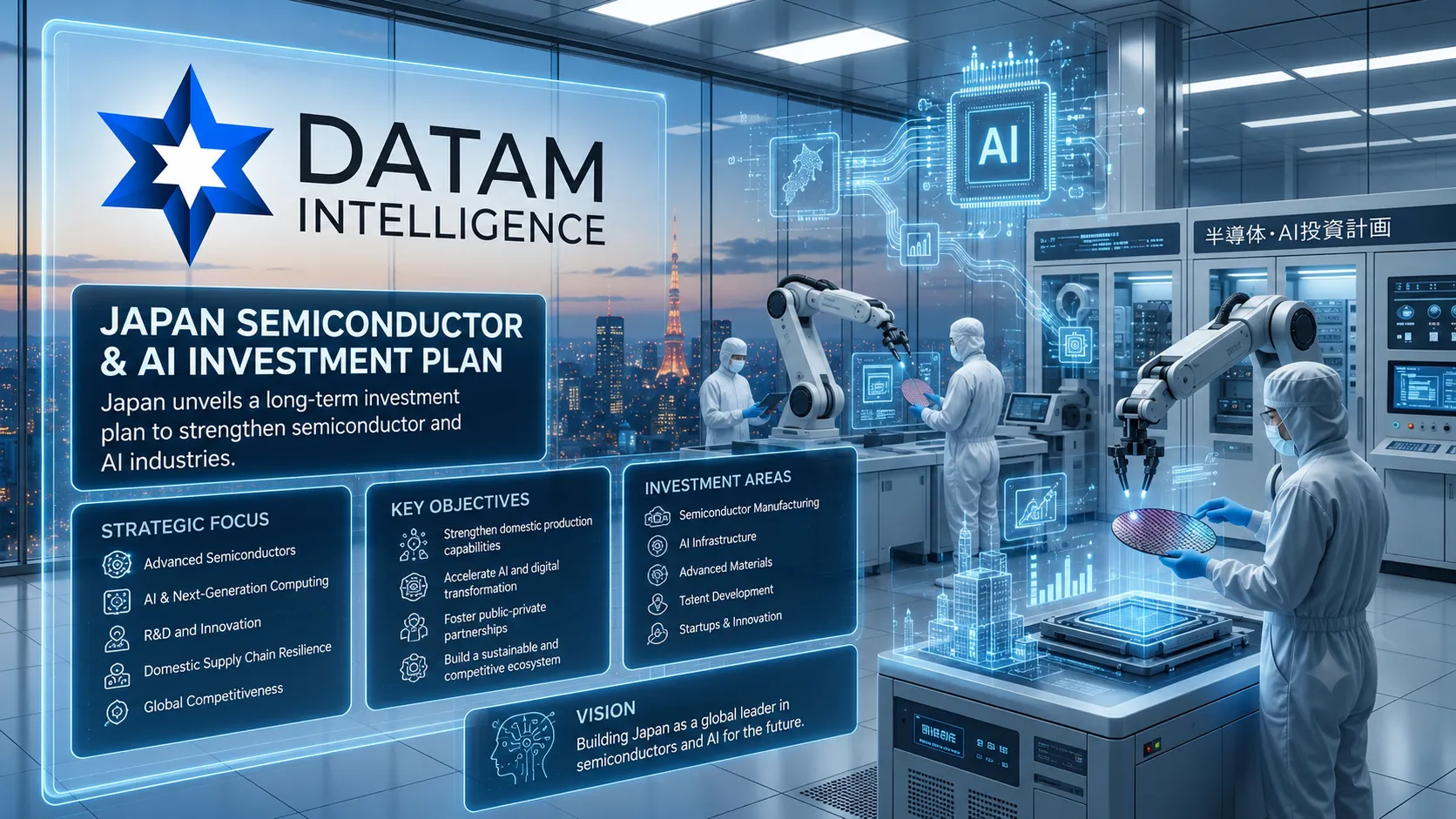 Japan semiconductor and AI innovation ecosystem with advanced chip manufacturing cleanroom, robotics, engineers, holographic technology interfaces, and futuristic research facility