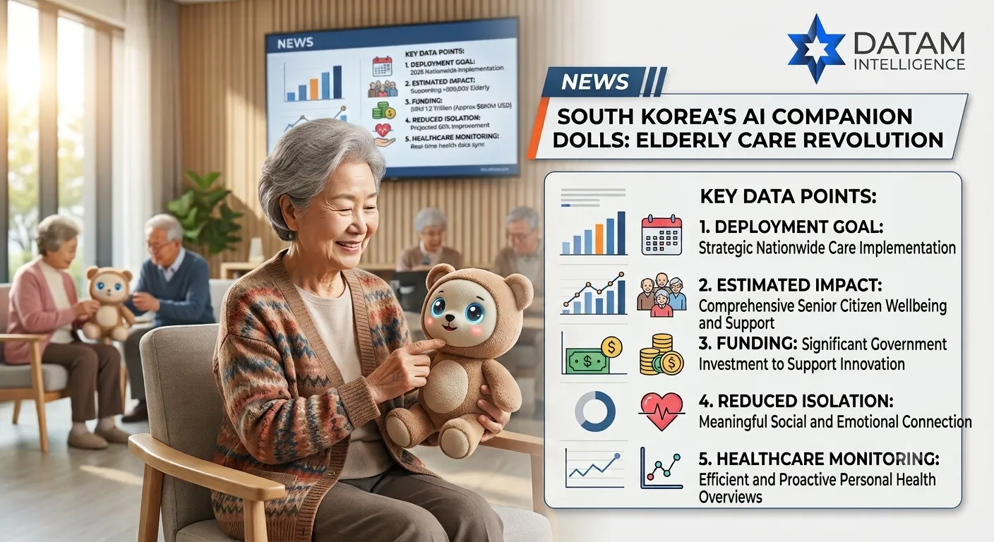 An infographic by DataM Intelligence showing South Korea's AI companion dolls for elderly care with market data points for 2026.