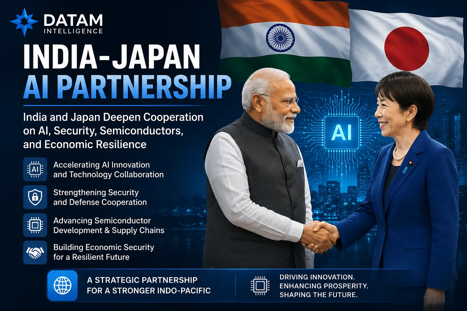 India-Japan AI partnership announced by Prime Minister Narendra Modi and Japanese Prime Minister Sanae Takaichi, highlighting cooperation in artificial intelligence, semiconductors, economic security, defense technology, and Indo-Pacific innovation.