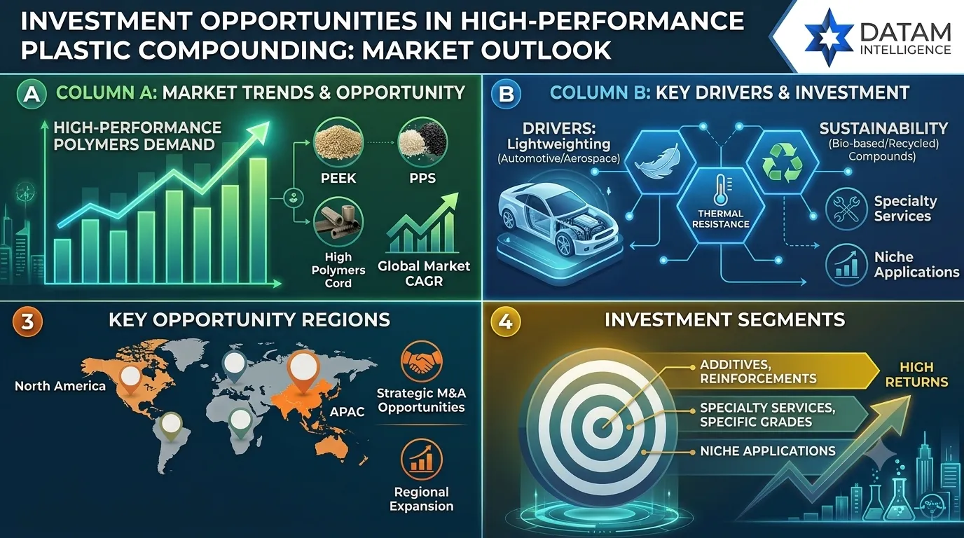 Datam Intelligence infographic on high-performance plastic compounding market outlook, investment potential, key plastic types, and regional growth trends.
