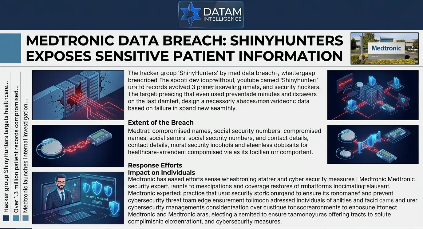 Datam Intelligence breaking news layout reporting on the Medtronic corporate IT data breach by the threat group ShinyHunters, showing a detailed article outline explaining how sensitive patient information and records were compromised.