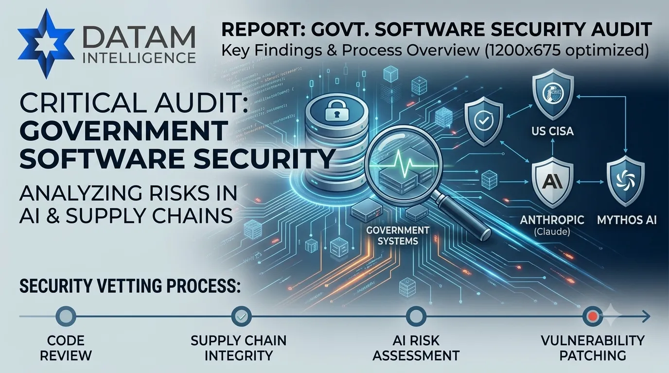 Datam Intelligence report infographic on US CISA government software security audit analyzing Anthropic Claude and Mythos AI supply chain risks