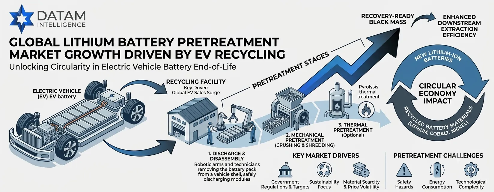 A comprehensive market infographic by Datam Intelligence detailing the lithium battery pretreatment process for electric vehicle (EV) recycling. The visual flow shows EV battery disassembly, mechanical crushing, and thermal pretreatment, resulting in recovery-ready black mass and illustrating the circular economy impact.