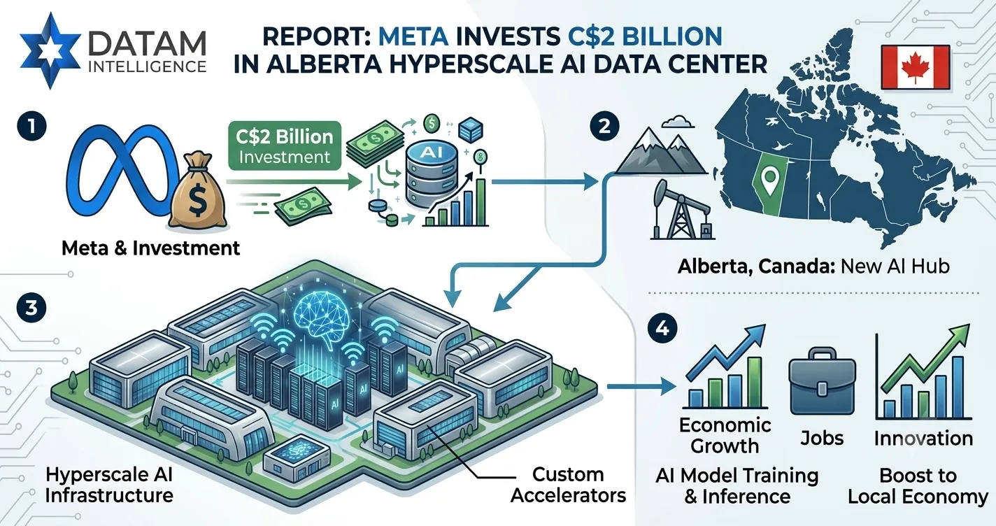Infographic showing Meta's C$2 billion investment in a hyperscale AI data center infrastructure in Alberta, Canada by Datam Intelligence.