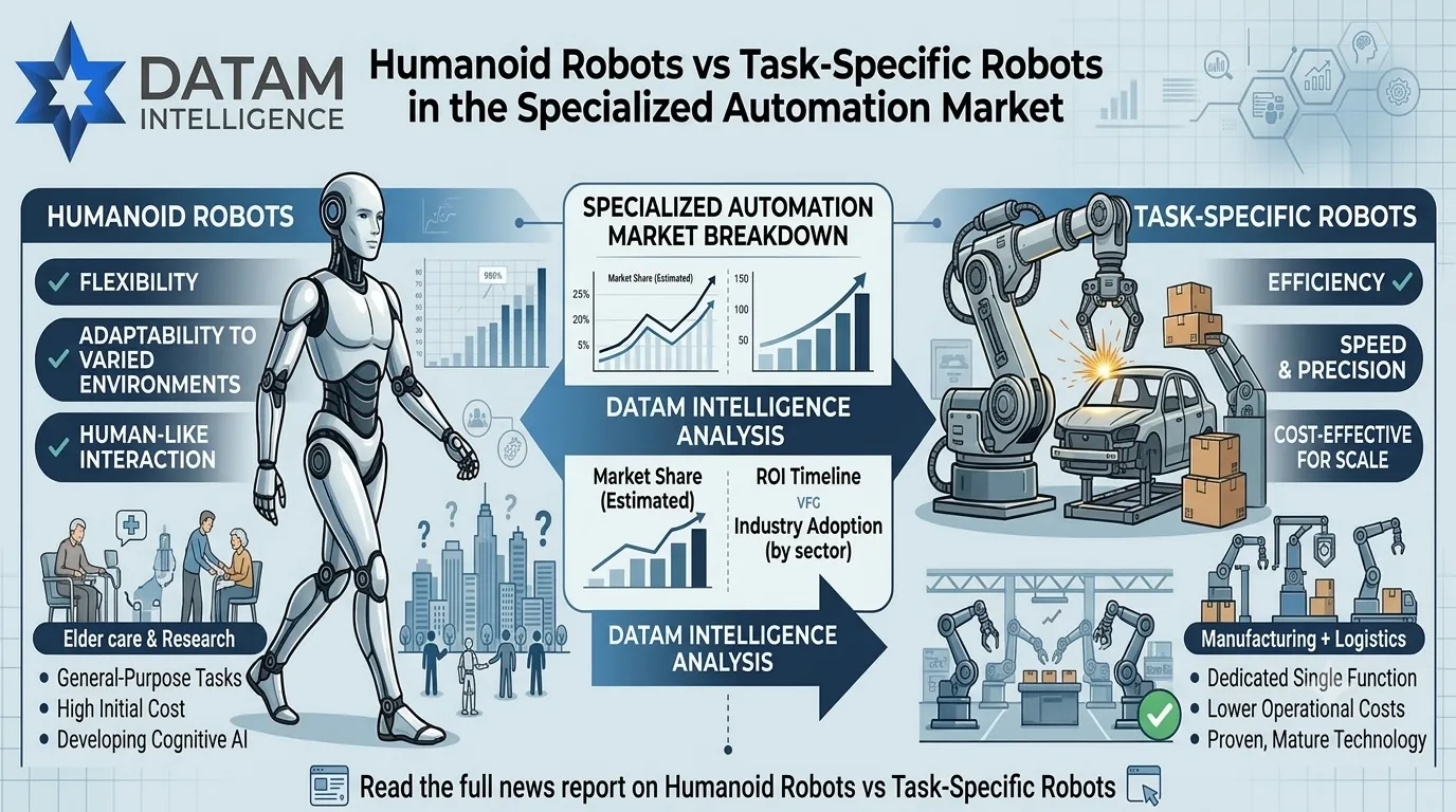 Datam Intelligence infographic comparing Humanoid Robots vs Task-Specific Robots market breakdown and industry adoption
