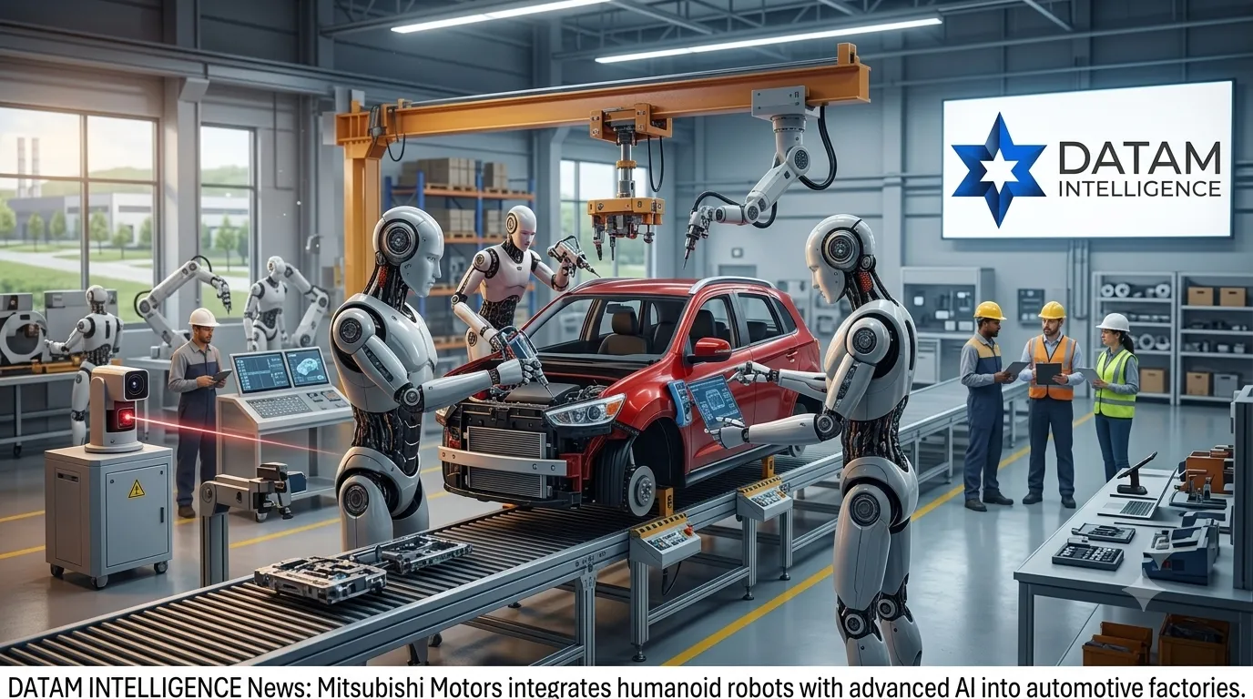 Mitsubishi Motors automotive factory using advanced humanoid AI robots on a car assembly line, presented by Datam Intelligence.