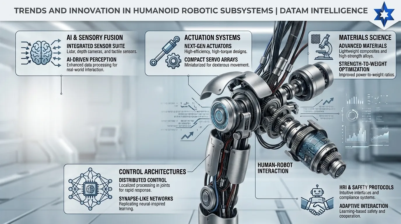 Infographic showcasing top humanoid robot subsystem trends including actuation systems, AI sensory fusion, and materials science, branded by Datam Intelligence.