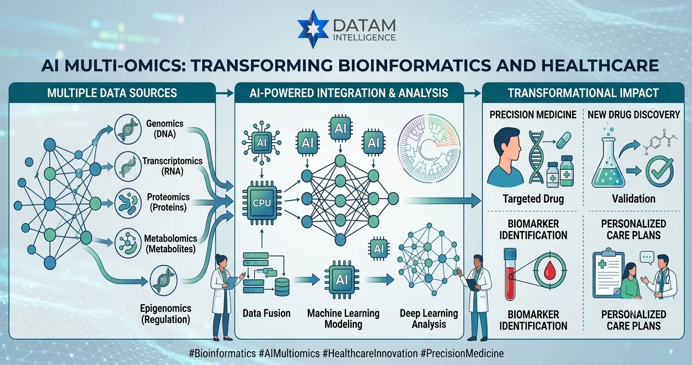 Infographic by Datam Intelligence illustrating how AI Multi-Omics transforms bioinformatics and healthcare through data fusion, machine learning, and precision medicine.