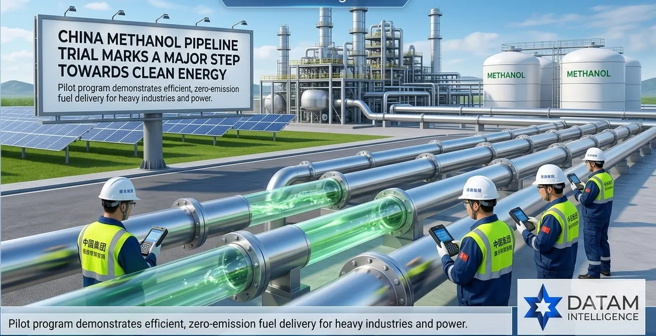 DataM Intelligence infographic showing China's methanol pipeline trial with engineers inspecting a clean energy fuel infrastructure.