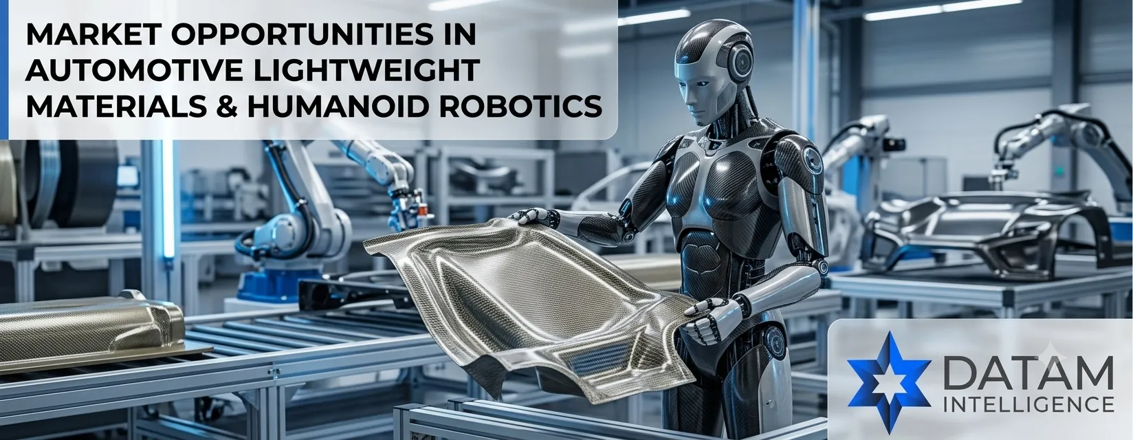 Humanoid robot with carbon fiber body inspecting a lightweight composite panel in an advanced automotive manufacturing facility.