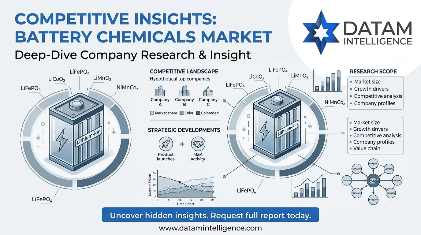 Infographic on the competitive insights of the battery chemicals market by Datam Intelligence, showcasing lithium-ion battery components, competitive landscape charts, and strategic industry developments.