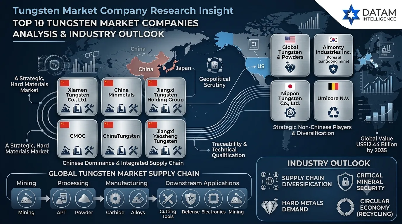Tungsten Market Company Research Insight infographic by DataM Intelligence showing top 10 tungsten companies, Chinese supply chain dominance, and global industry outlook reaching 12.44 billion by 2035.