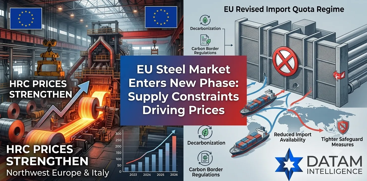 Infographic by Datam Intelligence showing the rising European HRC steel market prices in 2026 driven by EU revised import quota regimes, tighter safeguard measures, and regional supply constraints.