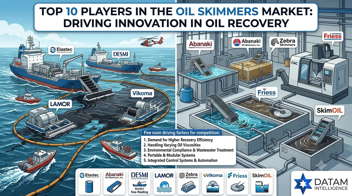 Top 10 players in the global oil skimmers market showcasing industrial and marine spill-response oil recovery equipment by Datam Intelligence.