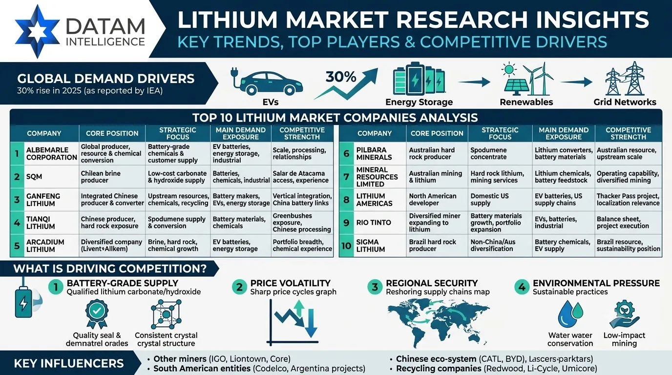 Lithium Market Research Insights infographic featuring top 10 companies like Albemarle, SQM, and Ganfeng, showcasing global demand drivers, competitive dynamics, and key industry influencers.