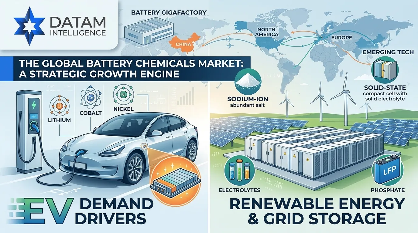 Infographic of the global battery chemicals market by Datam Intelligence, highlighting EV demand drivers like lithium and nickel, renewable energy grid storage, LFP, sodium-ion, and solid-state batteries.