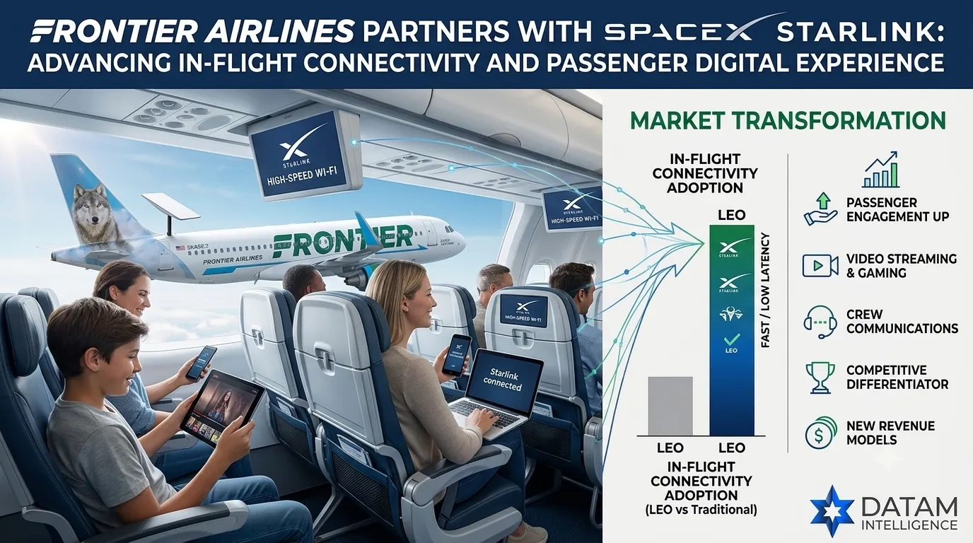 Frontier Airlines plane and passengers using Starlink high speed in flight Wi-Fi with Datam Intelligence market infographic