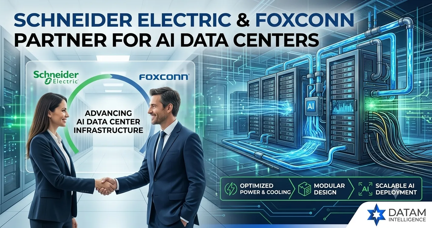 Schneider Electric and Foxconn executives shake hands inside a futuristic, high-density AI data center featuring advanced liquid cooling systems and modular power infrastructure, with the Datam Intelligence logo.