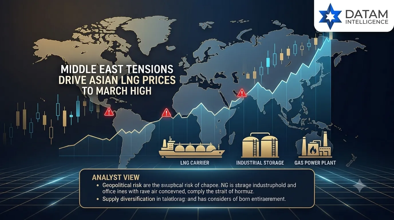 DataM Intelligence infographic showing a global map and market charts tracking how Middle East tensions drive Asian LNG prices to a March high.