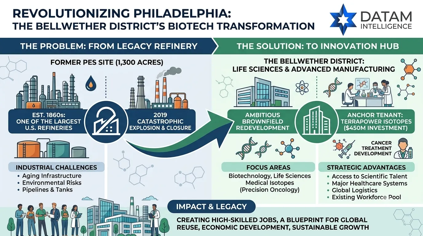 Infographic by Datam Intelligence showing the transformation of Philadelphia's Bellwether District from a legacy PES refinery into a life sciences and biotech innovation hub featuring TerraPower Isotopes' $450 million facility.