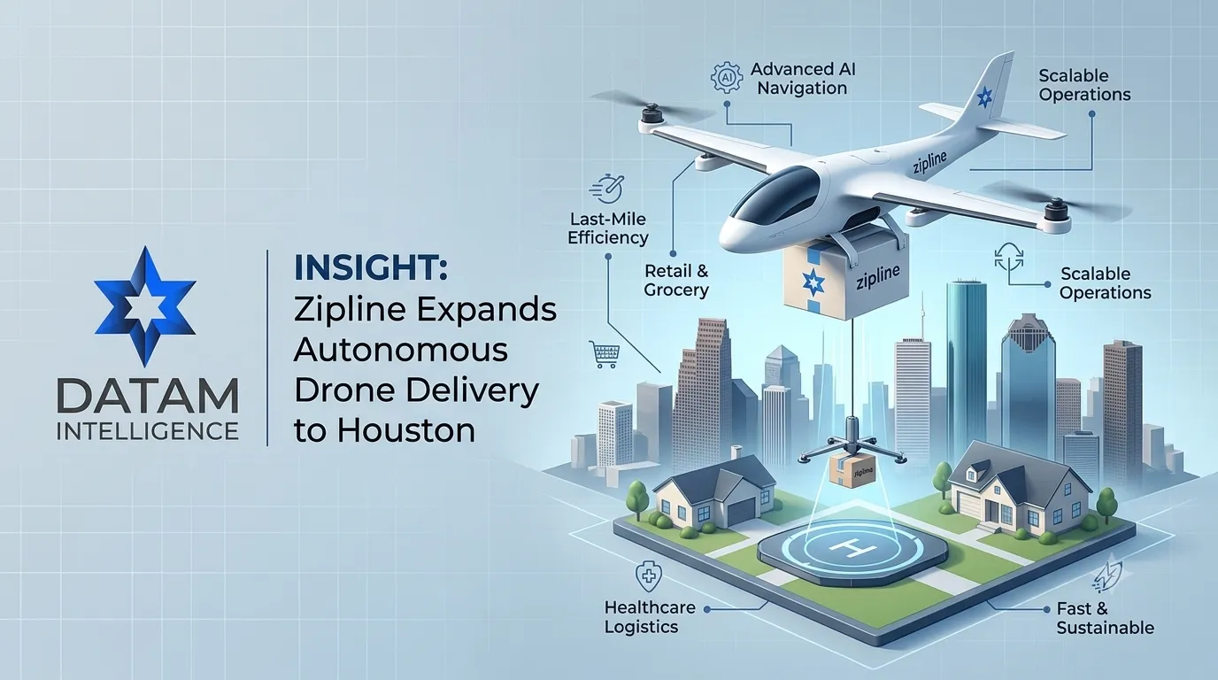 DataM Intelligence infographic showing a Zipline autonomous delivery drone hovering over a Houston city neighborhood, delivering retail, grocery, and healthcare goods to a residential landing pad.