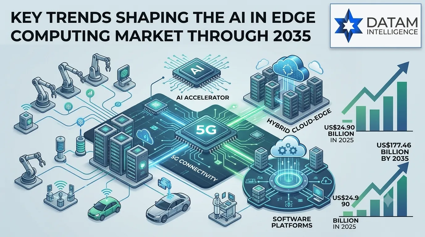 Infographic showing key trends shaping the AI in Edge Computing market through 2035 by DataM Intelligence, featuring 5G connectivity, AI accelerators, hybrid cloud-edge architectures, software platforms, and a market growth chart projecting an increase from $24.90 billion in 2025 to $177.46 billion by 2035.