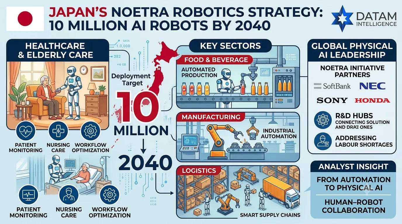 Infographic outlining Japan's Noetra Robotics Strategy to deploy 10 million AI robots by 2040 across healthcare, manufacturing, food production, and logistics, featuring partners like SoftBank, NEC, Sony, and Honda. Datam Intelligence logo in the top right corner.
