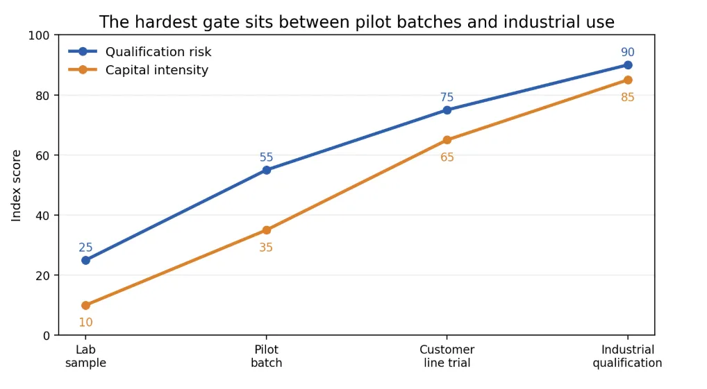 The hardest gate sits between pilot batches and industrial use