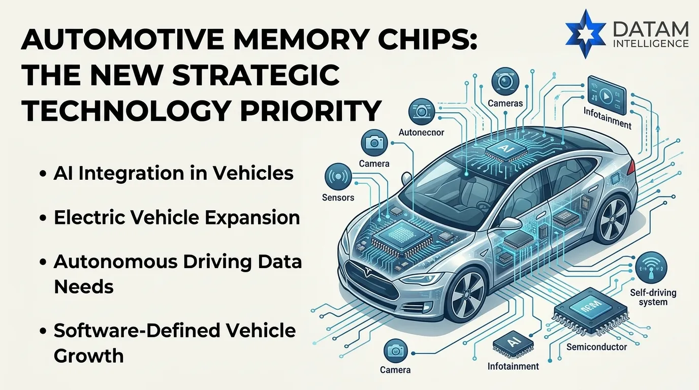 Infographic illustrating automotive memory chips as a strategic technology priority featuring an AI-powered connected electric vehicle with data sensors and semiconductor highlights