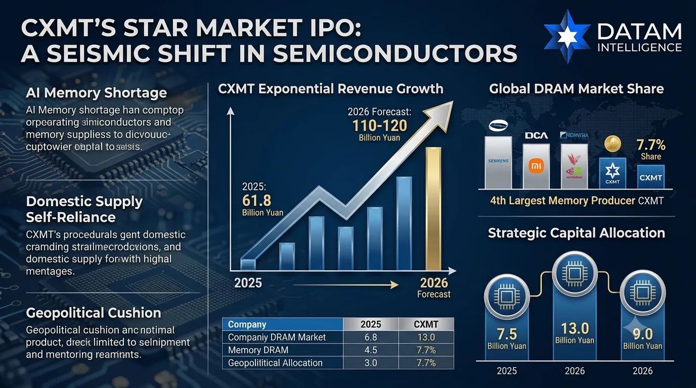 Infographic detailing CXMT STAR Market IPO revenue growth, global DRAM market share expansion to 7.7 percent, and strategic capital allocation for AI memory production by DataM Intelligence.
