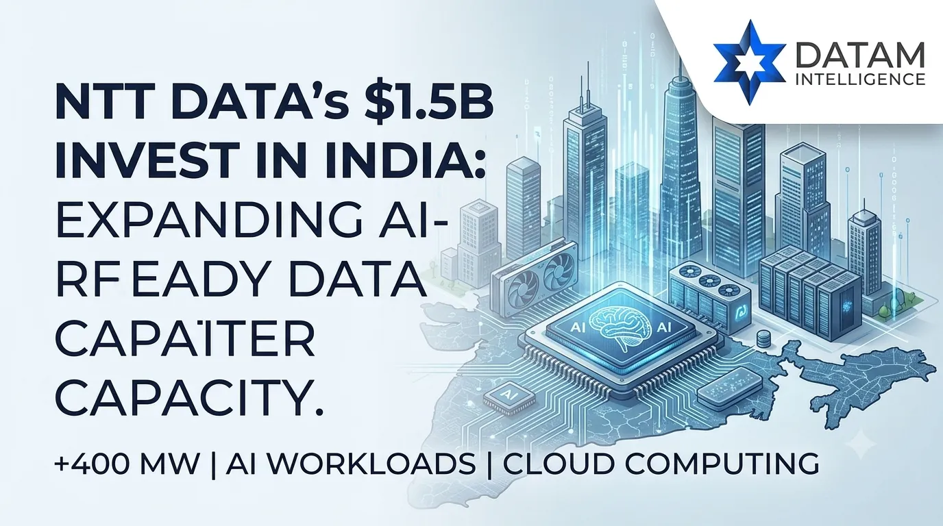 Infographic detailing NTT DATA's 1.5 billion dollar investment in India to expand 400 MW AI-ready data center infrastructure and cloud computing services, featuring the Datam Intelligence