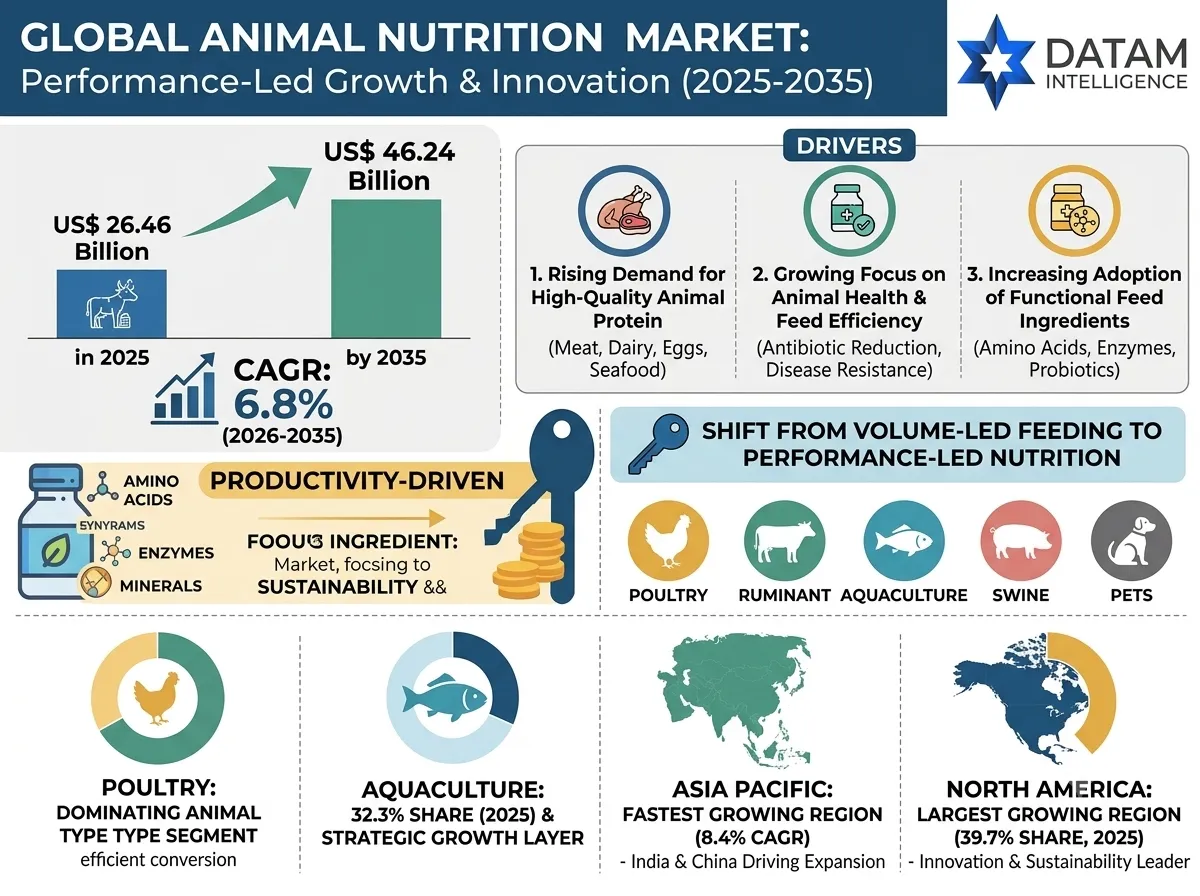 Global Animal Nutrition Market infographic by DataM Intelligence showing growth from US$ 26.46 billion in 2025 to US$ 46.24 billion by 2035 at a 6.8% CAGR, highlighting poultry and aquaculture sectors alongside regional growth in North America and Asia-Pacific.