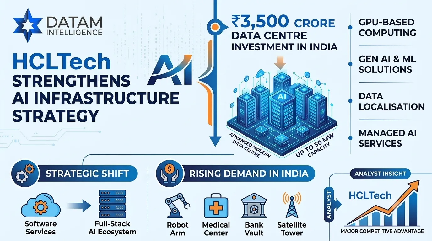 HCLTech AI infrastructure strategy infographic detailing a ₹3,500 crore data centre investment in India with a 50 MW capacity layout, featuring Datam Intelligence branding