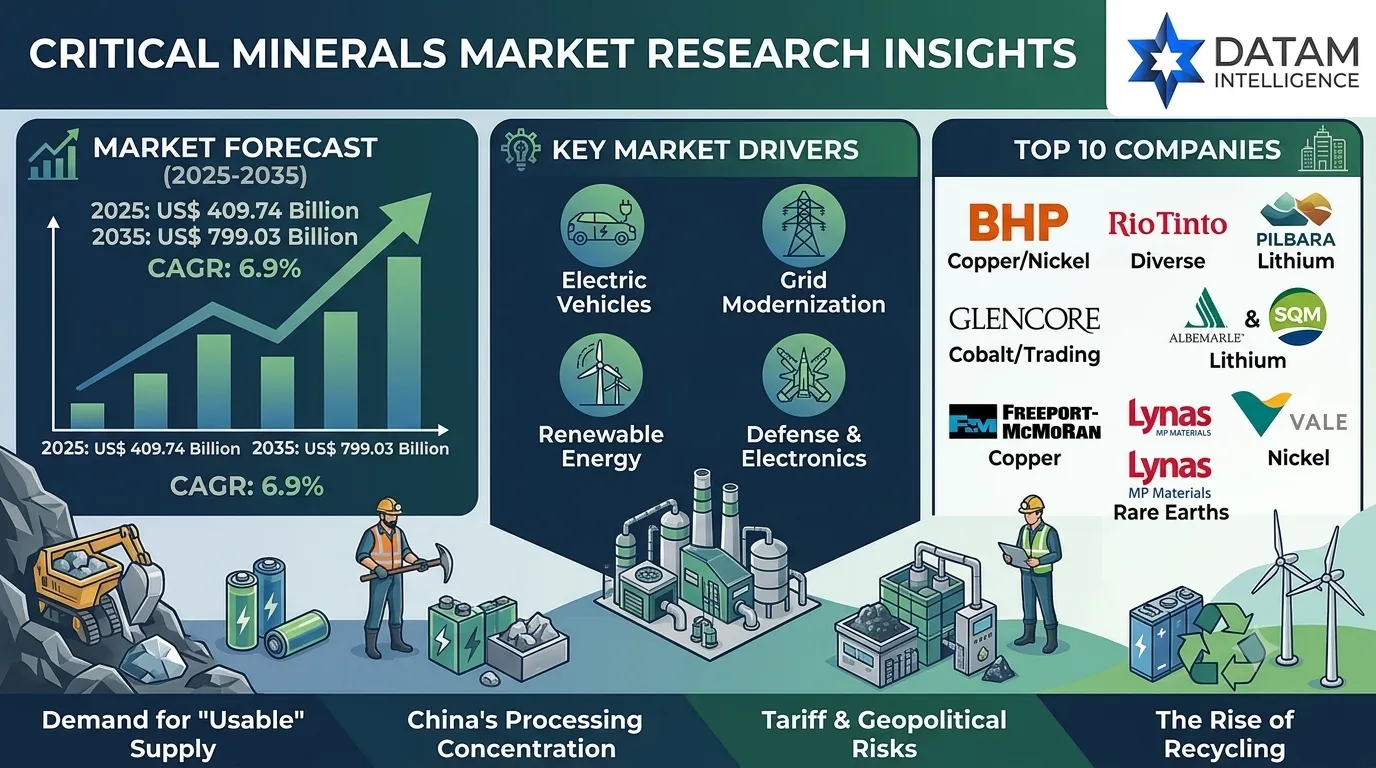 Critical minerals market research infographic by DataM Intelligence showing market growth from US$ 409.74 billion in 2025 to US$ 799.03 billion by 2035 with a 6.9% CAGR, highlighting top 10 mining companies and key energy transition supply chain drivers.