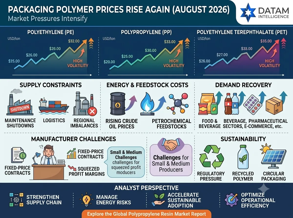 Packaging polymer price trends infographic showing August 2026 cost drivers, supply constraints, and analyst perspectives by DataM Intelligence.