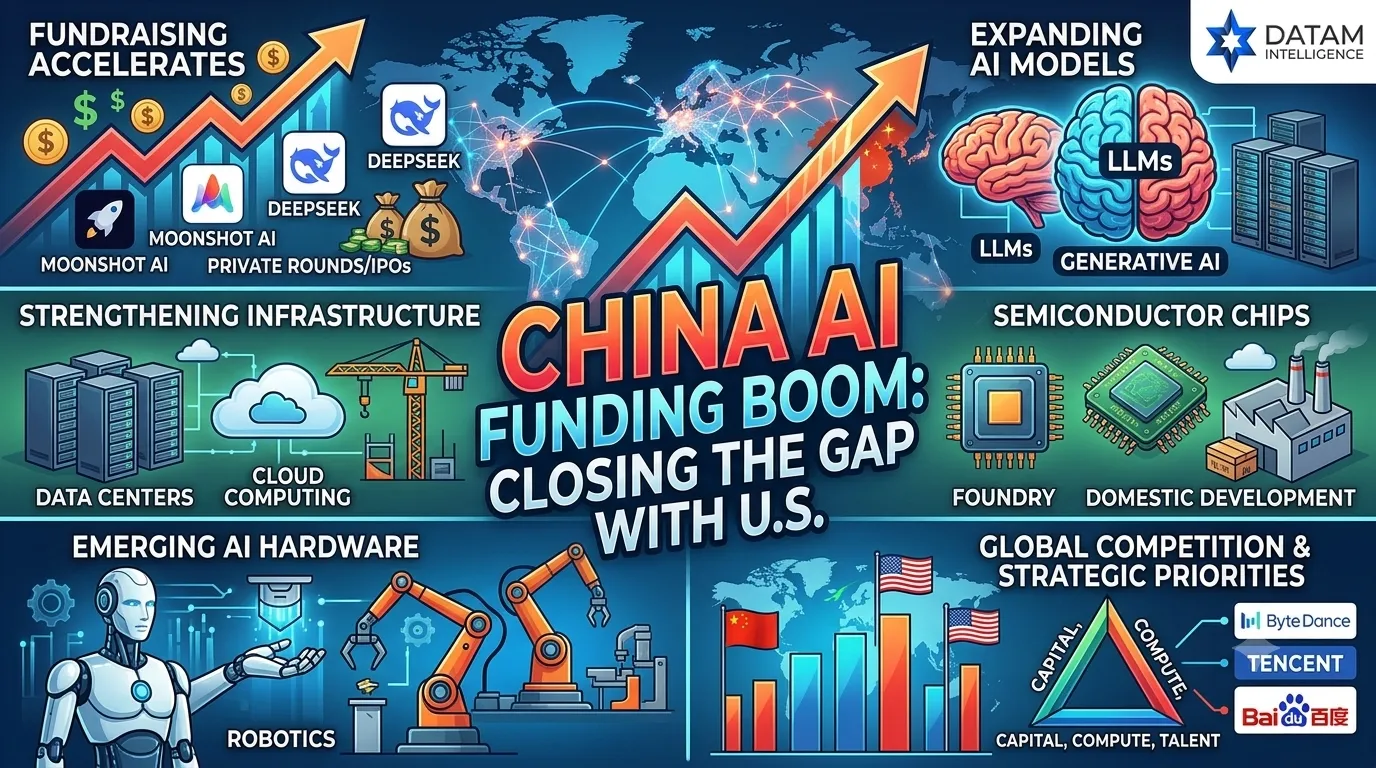 Infographic detailing the China AI funding boom, highlighting accelerated fundraising, semiconductor expansion, LLM models like DeepSeek and Moonshot AI, and AI hardware to close the gap with US leaders.