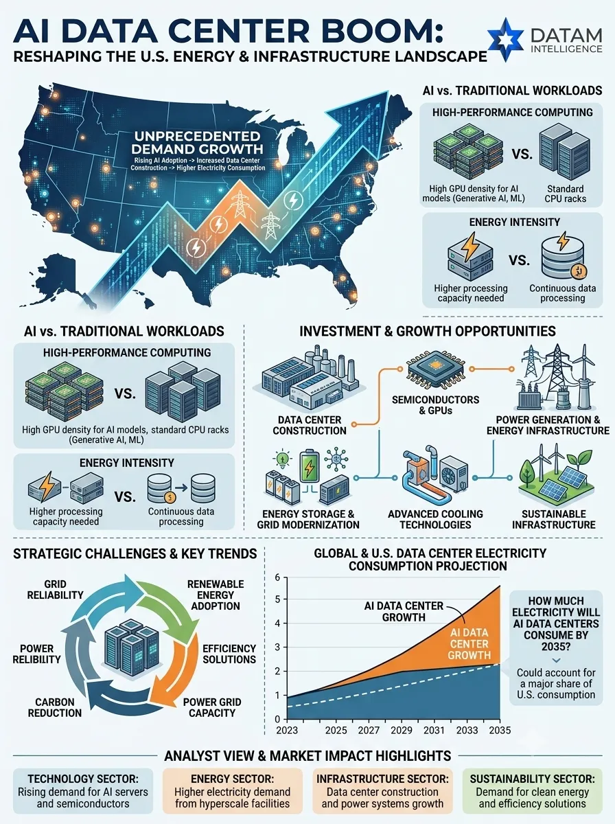 Infographic showing the AI data center boom and its impact on U.S. electricity demand, cooling technology, energy storage, and power grid modernization.